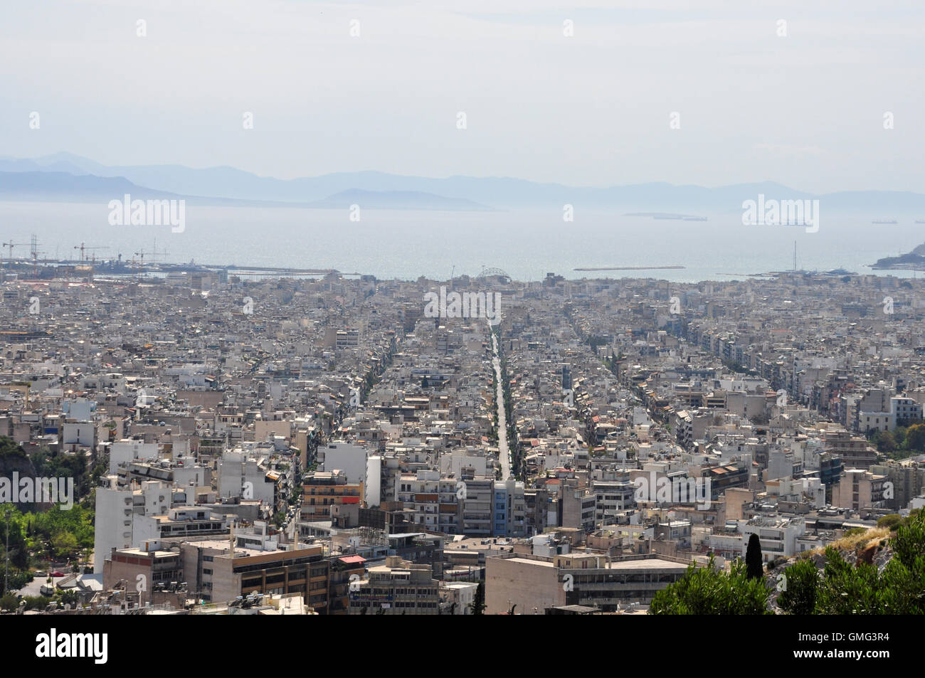 View of the sea and city buildings on the southern suburbs of Athens, Greece. Stock Photo