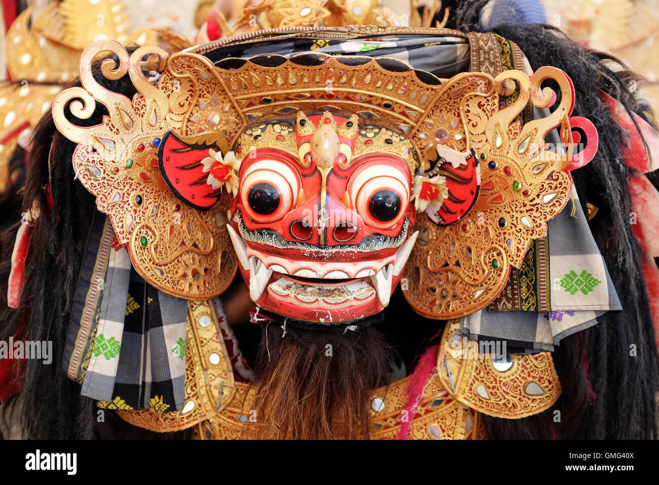 Frontal view of Barong, lion-like creature character in the mythology of Bali, Indonesia Stock Photo
