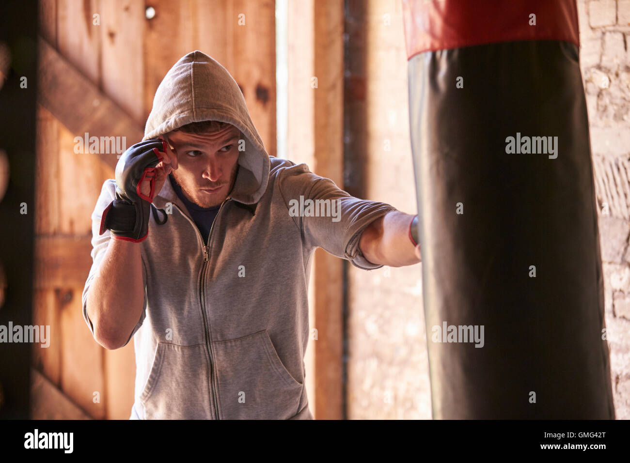 Young Male Boxer Working Out With Punchbag In Gym Stock Photo
