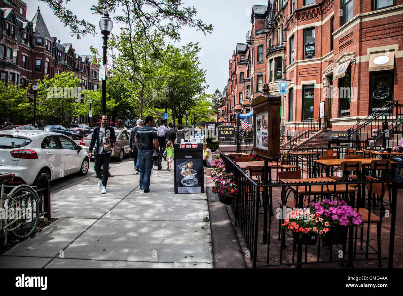 People walking at Newbury Street in Boston, It is a mile long street