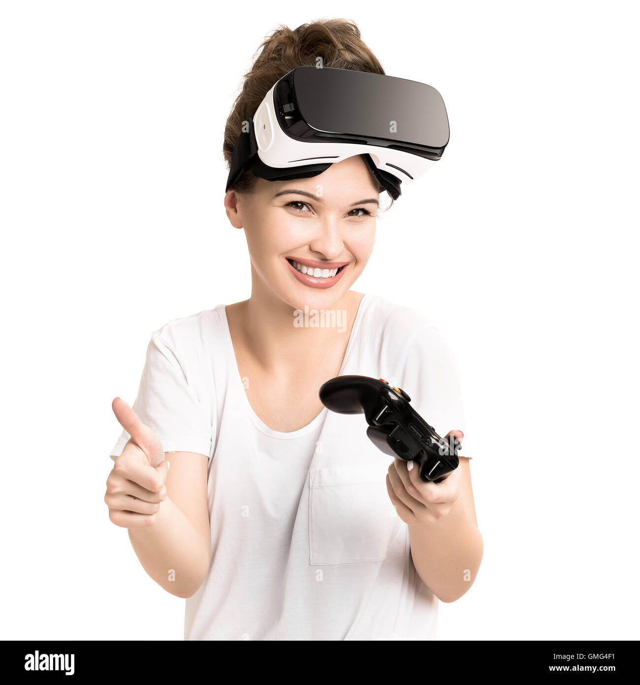 Girl getting experience using VR glasses of virtual reality Stock Photo