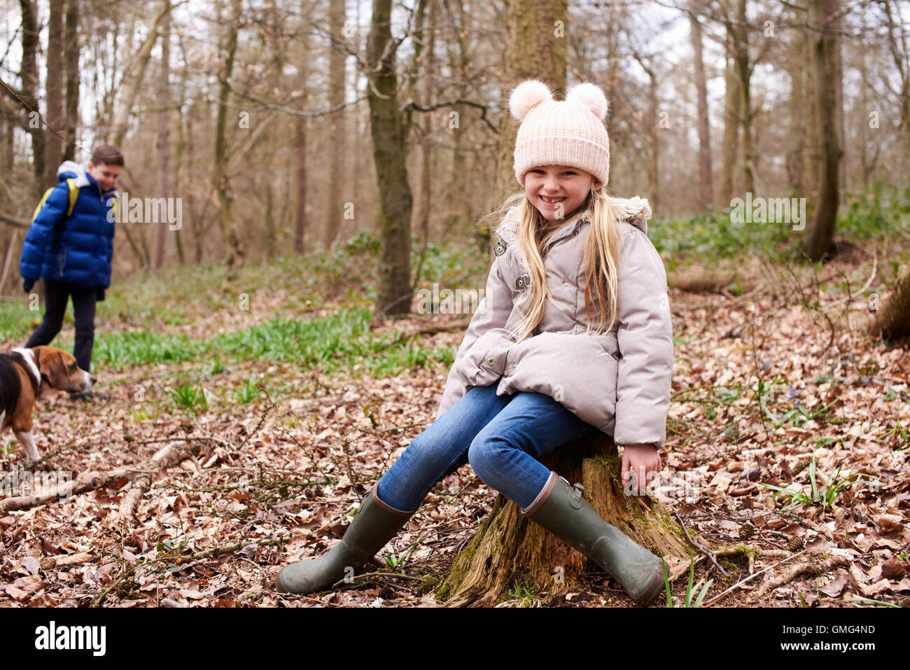 Young girl sitting on a tree stump in a forest Stock Photo - Alamy