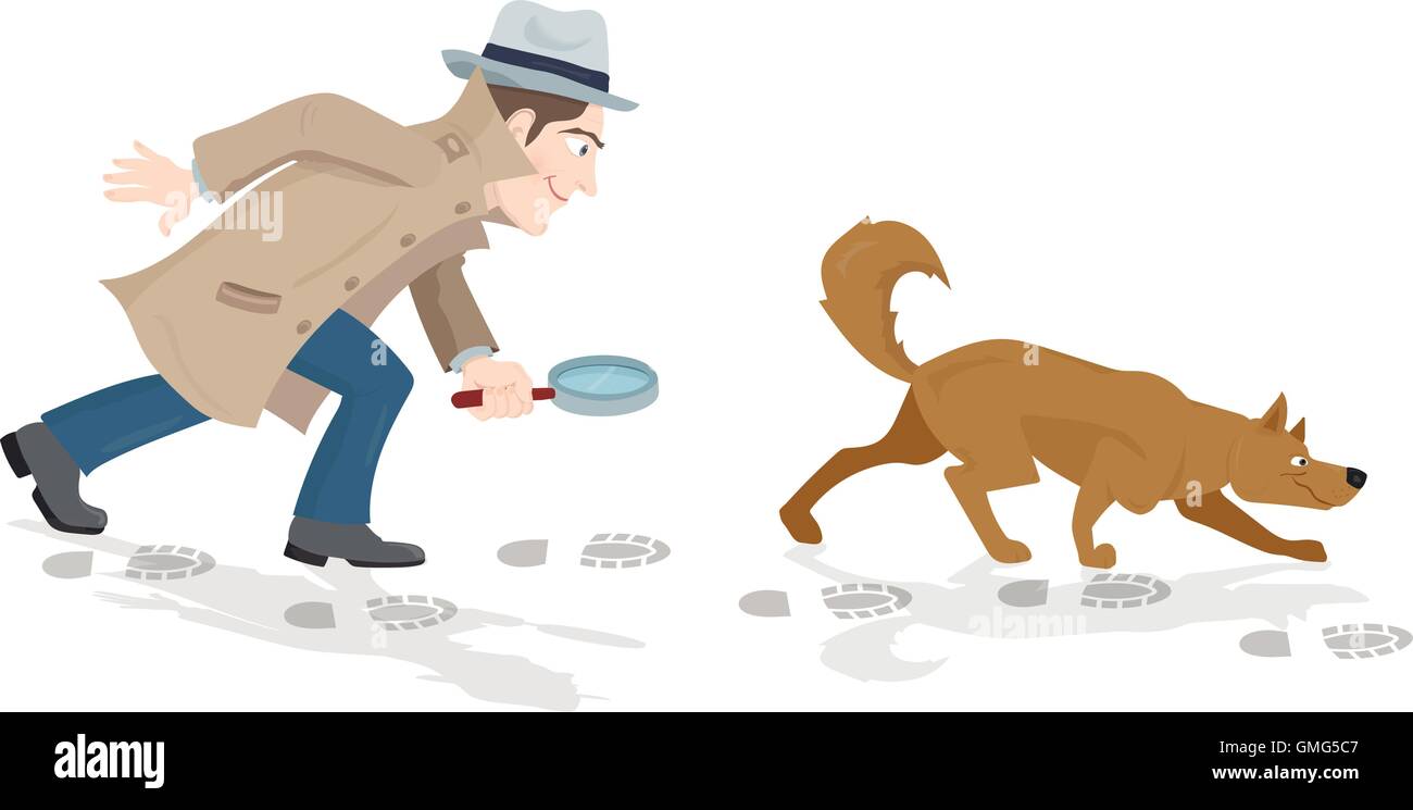 Vector cartoon of detective with magnifying glass and tracker dog Stock Vector