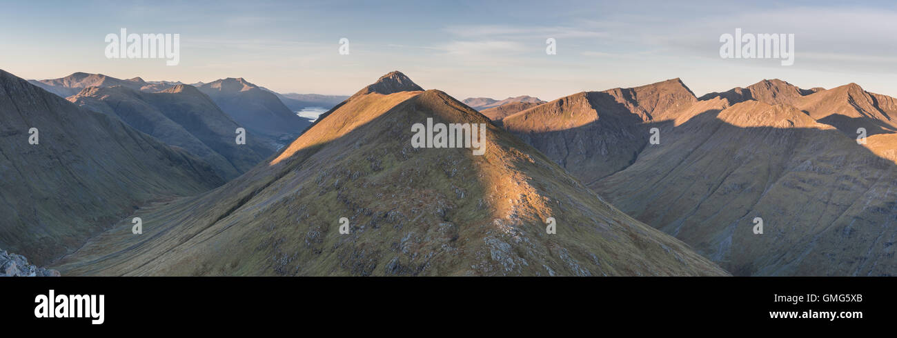 Panoramic view of Buachaille Etive Beag and Bidean nam Bian, Scottish Highlands, Scotland Stock Photo
