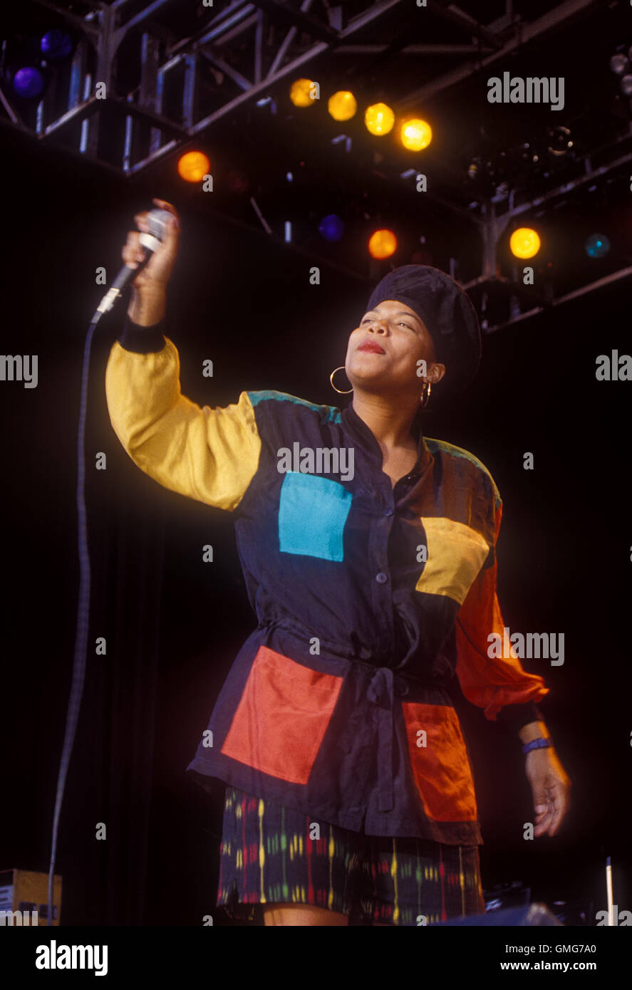 COSTA MESA, CA - OCTOBER 7, 1990 : Queen Latifah performing live at A Gathering Of The Tribes Music Festival on October 7, 1990 at the Pacific Amphitheatre in Costa Mesa, CA. Photo © Kevin Estrada / MediaPunch Stock Photo