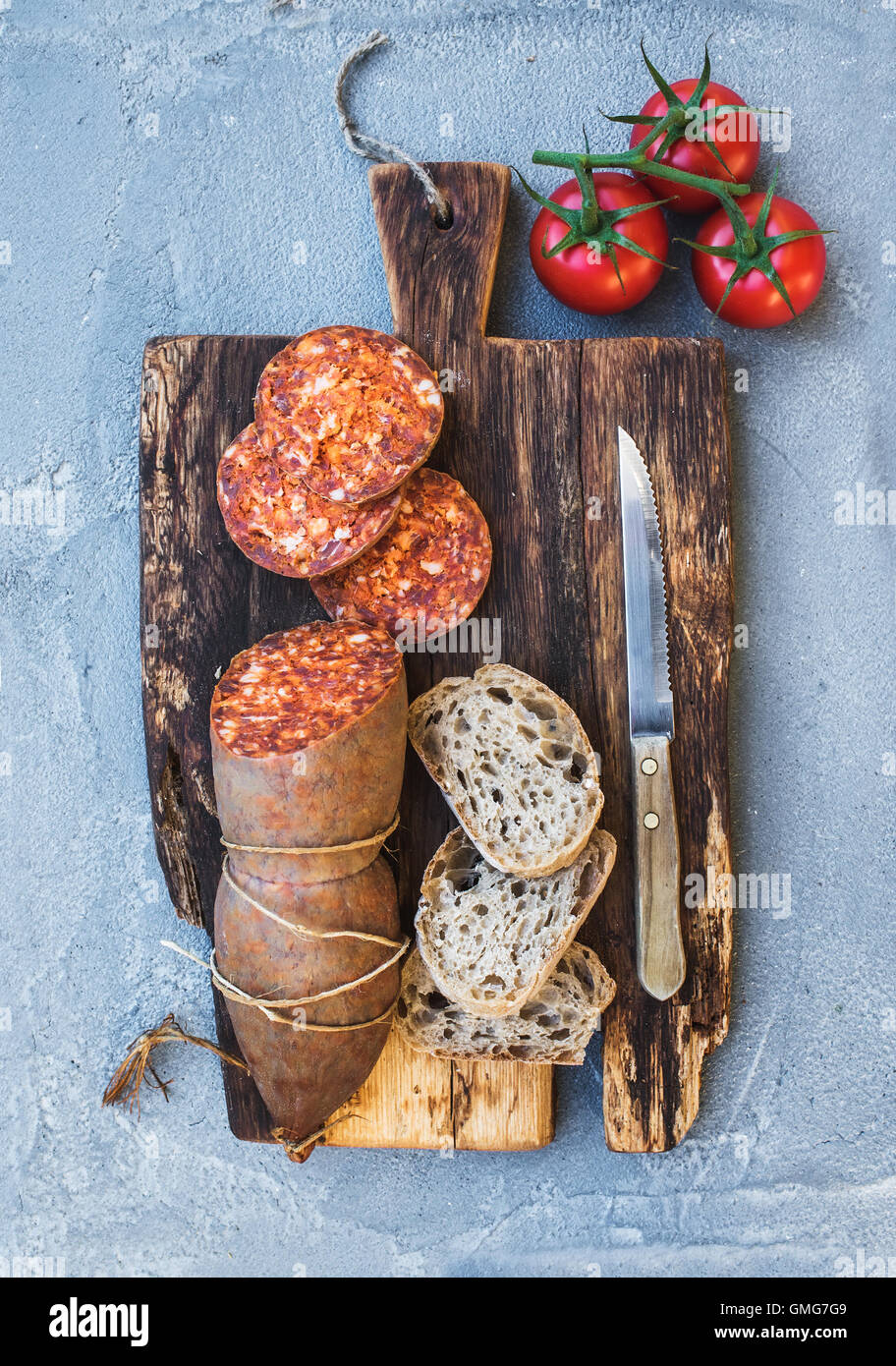 Wine snack set. Hungarian mangalica pork salami sausage, rustic bread ...