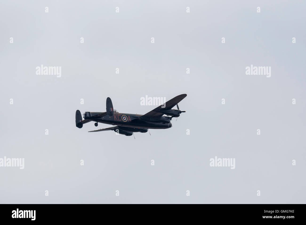 One of two airworthy Avro Lancaster bombers still flying.  This one has the marking of KC A of the 617 (Dambuster) squadron Stock Photo