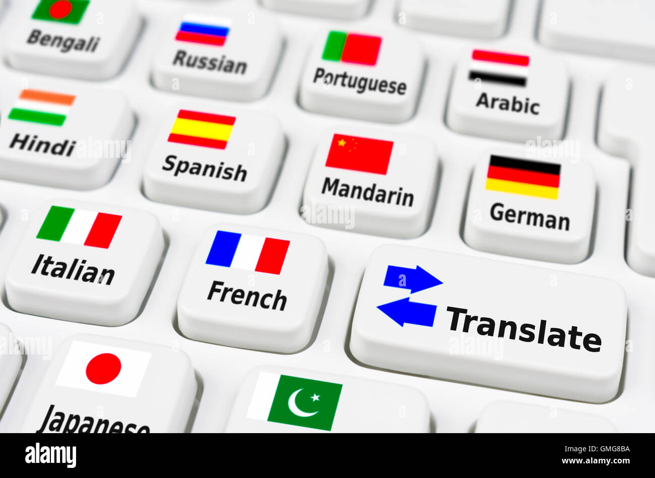Language translation using a computer keyboard. Stock Photo