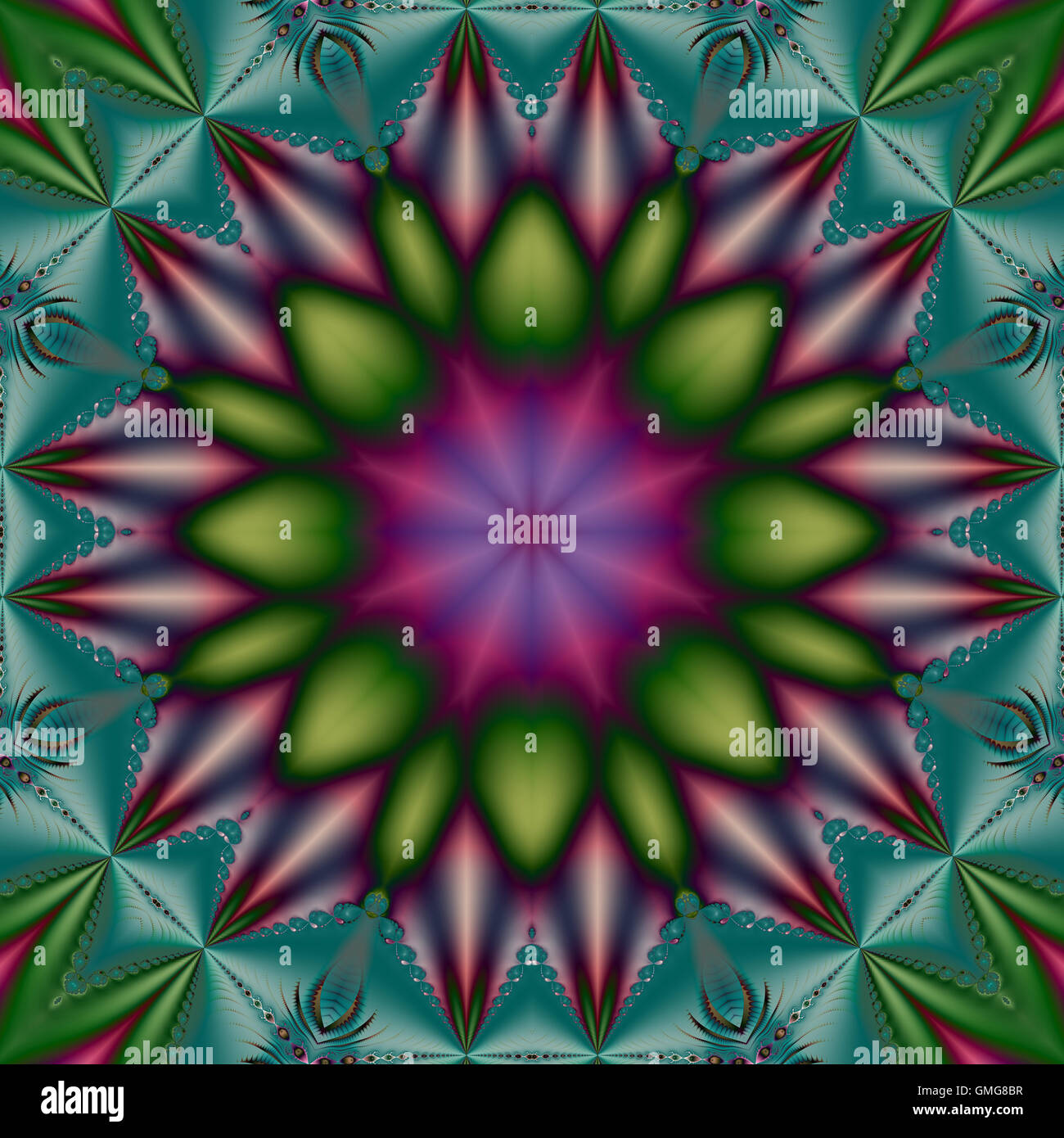 Digital fractal image in beautiful flower star shape with green, purple and blue symmetrical design with turquoise quilt effect Stock Photo