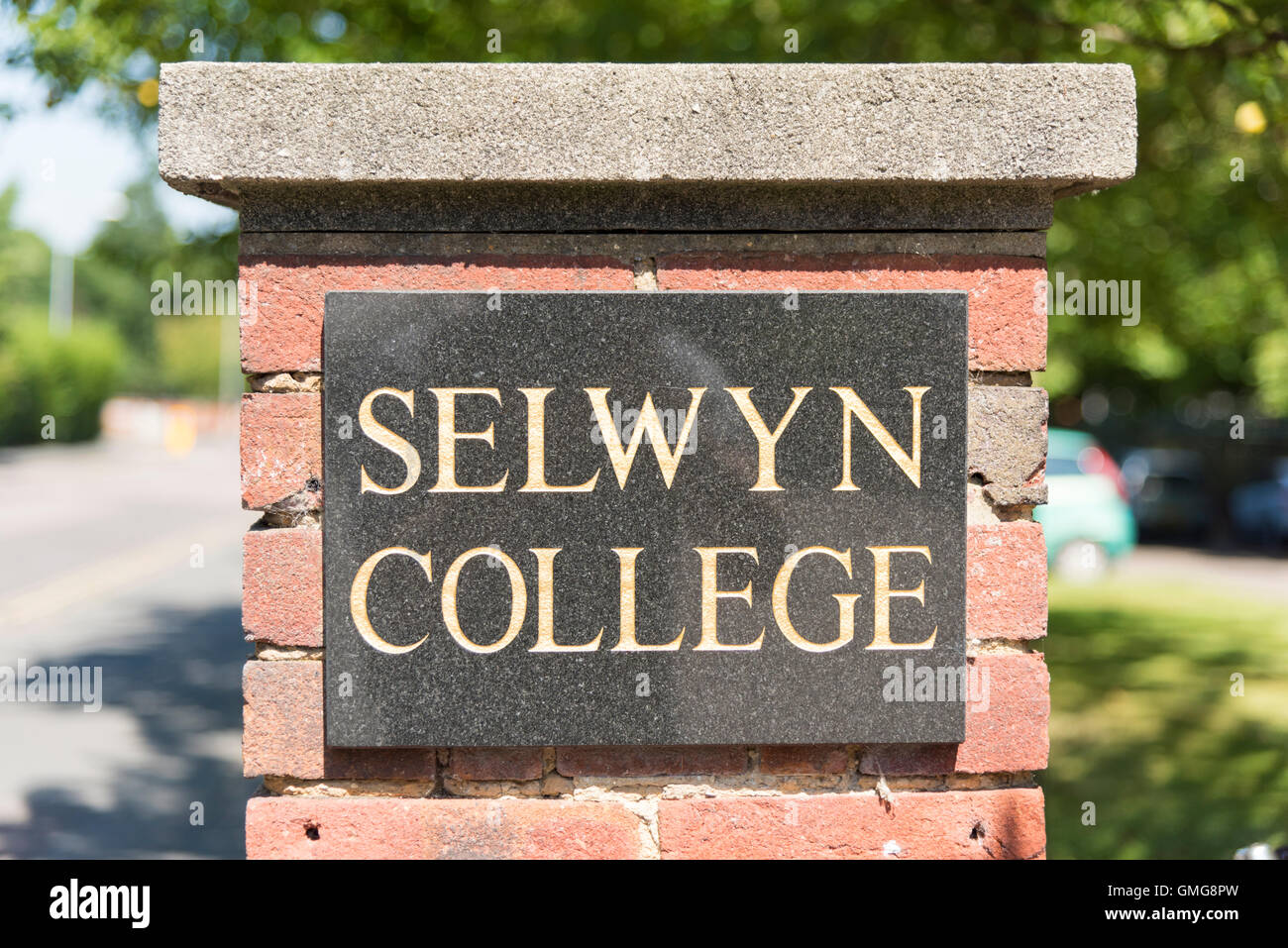 The sign at Selwyn College Cambridge UK one of the colleges at Cambridge University Stock Photo