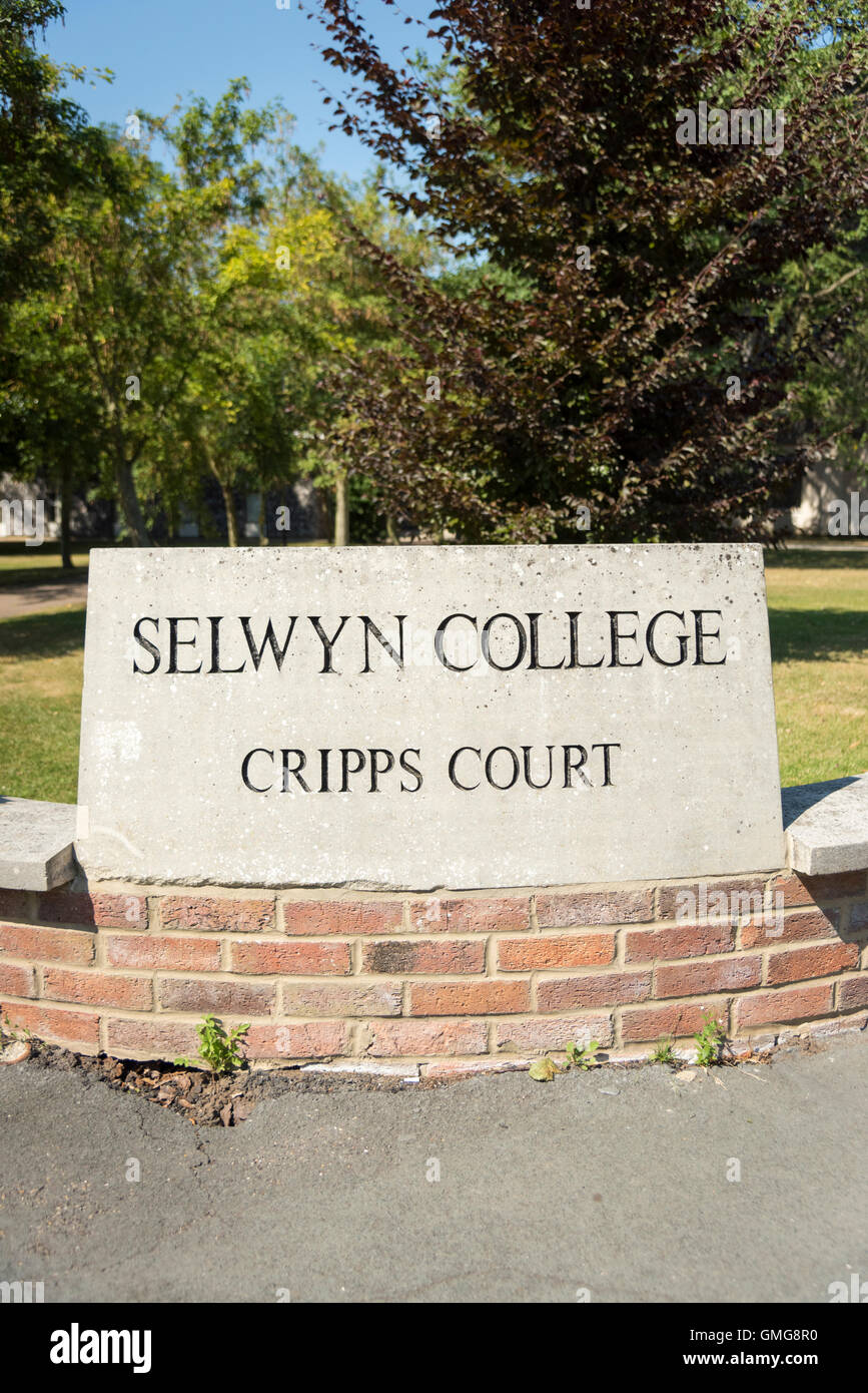 The sign at Selwyn College Cripps Court Cambridge UK one of the colleges at Cambridge University Stock Photo