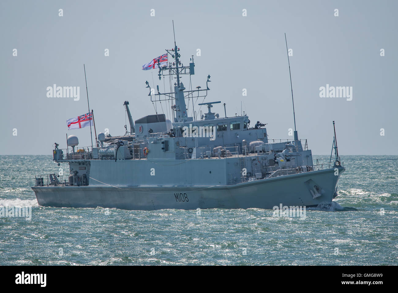 The British Royal Navy Mine Warfare Vessel, HMS Grimsby in demonstration action at Bournemouth Air Festival, UK on the 21st August 2016. Stock Photo