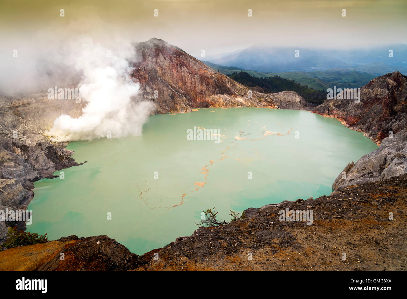 Night visitors at Ijen Volcano and Crater, Java, Indonesia Stock Photo