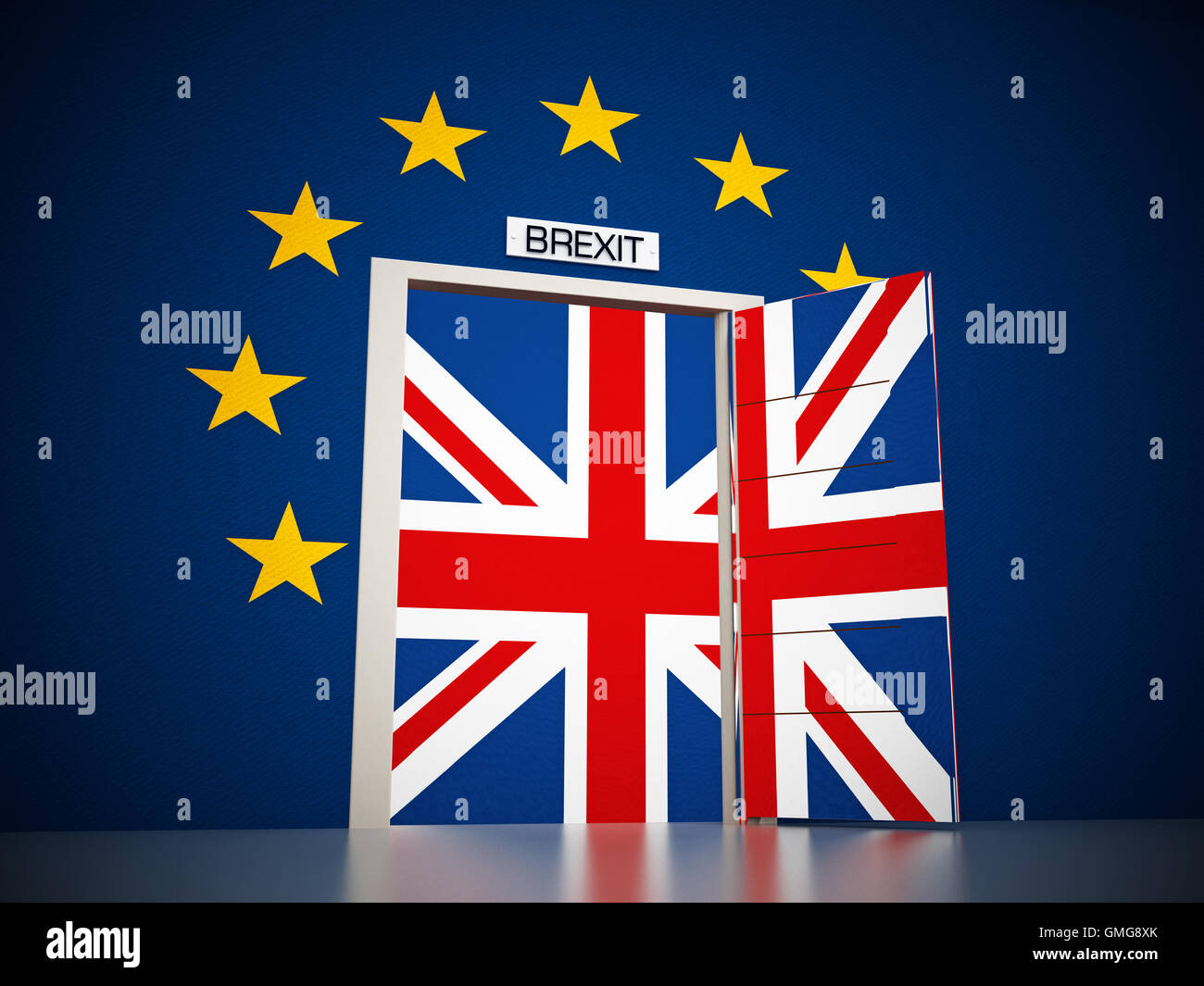 European Union map around open door leading to British flag. 3D illustration. Stock Photo