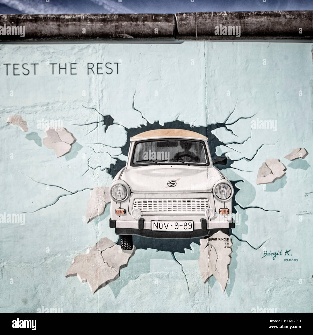 Trabant or Trabi breaking through the Berlin Wall, painting by Birgit Kinder, East Side Gallery, Friedrichshain district,  Wall Stock Photo