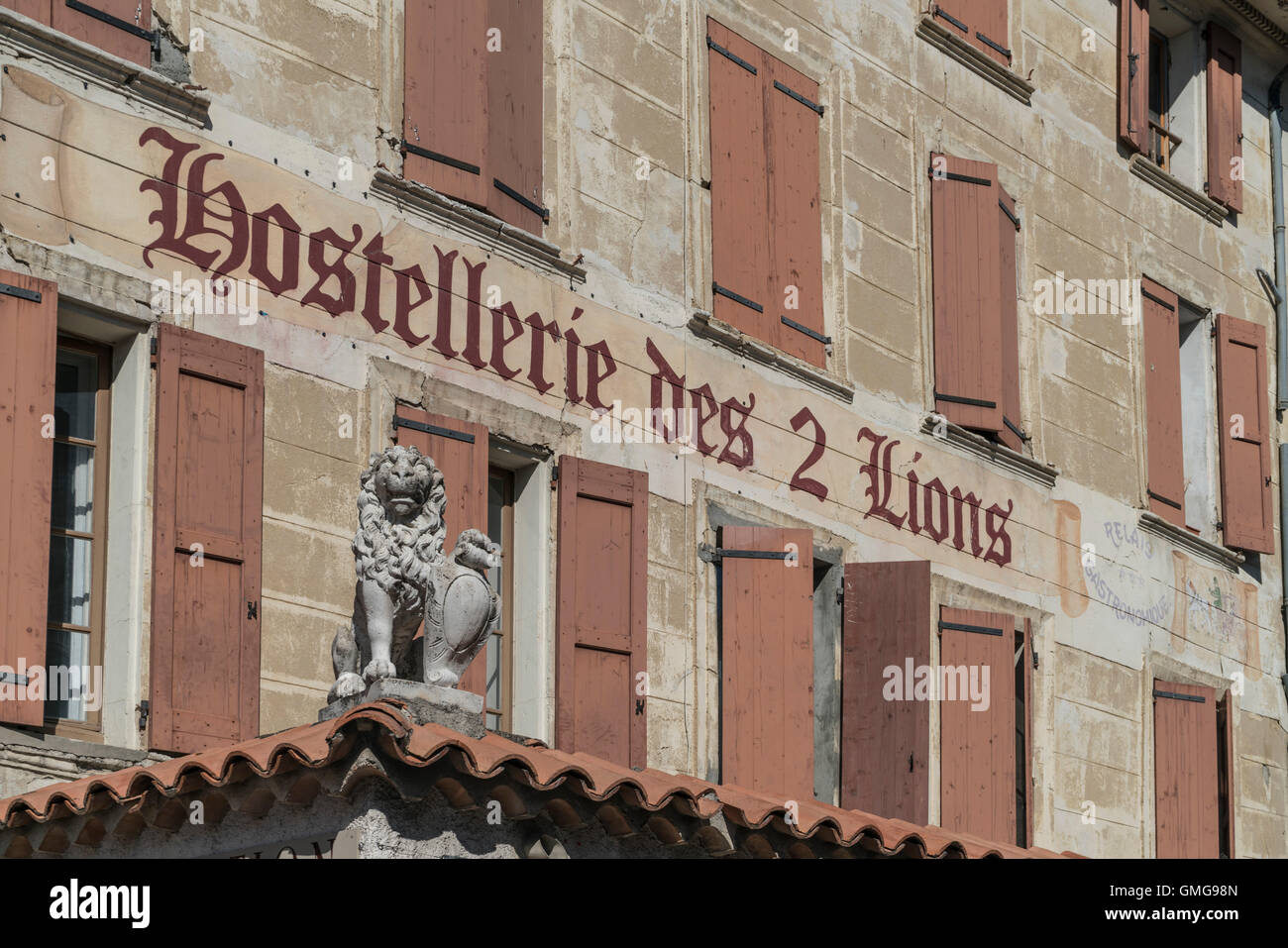 Hostellerie des 2 Lions, Two Lions Hostel, Facade, Forcualquier, Provence, France, Europe Stock Photo