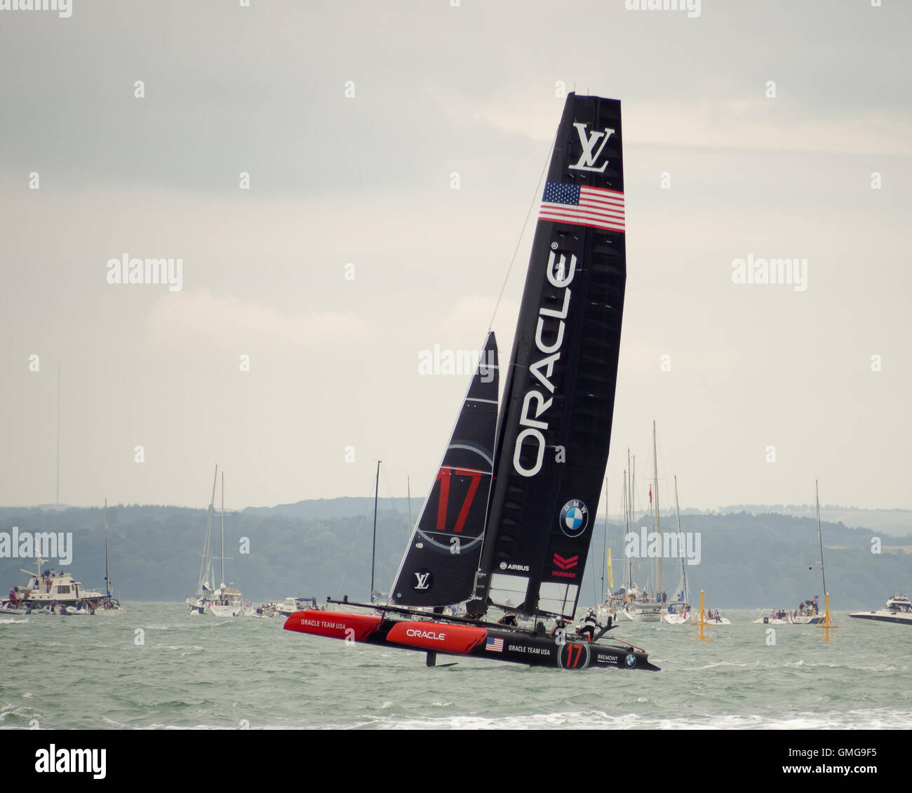 The C45 class catamaran of Oracle team USA team France under sail during the Americas Cup World Series in Portsmouth 2016 Stock Photo
