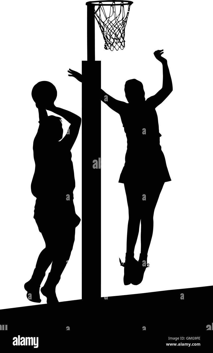 Black on white silhouette of girls ladies netball players jumping and
