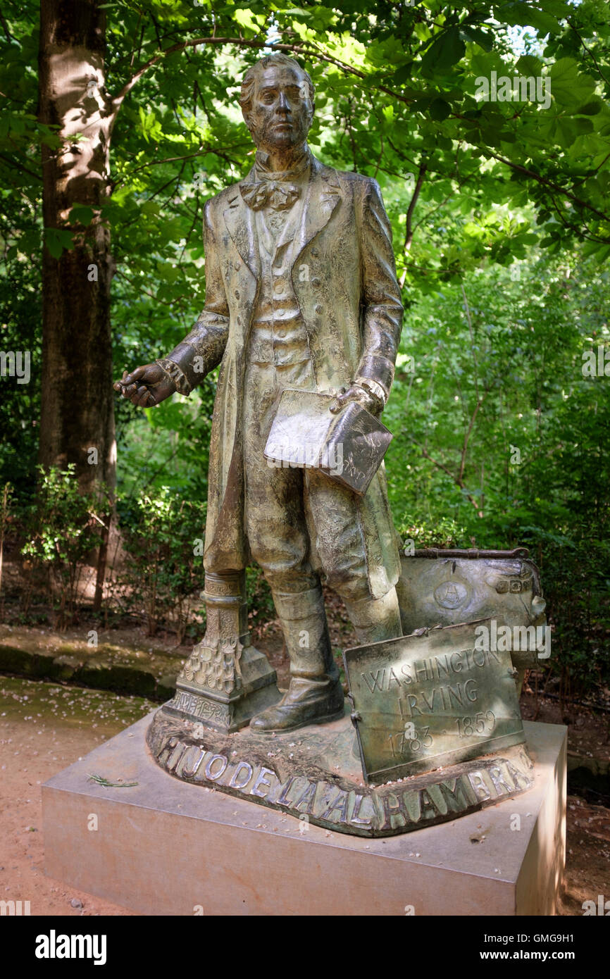 Statue of Washington Irving on the path to the Alhambra, Granada, Spain