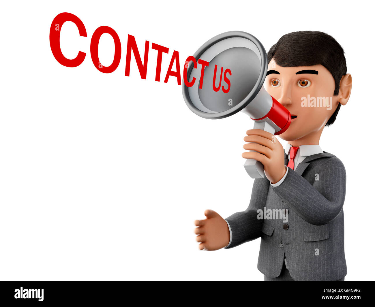 3d renderer image. usinessman with a megaphone and word contact us. Business concept. Isolated white background. Stock Photo