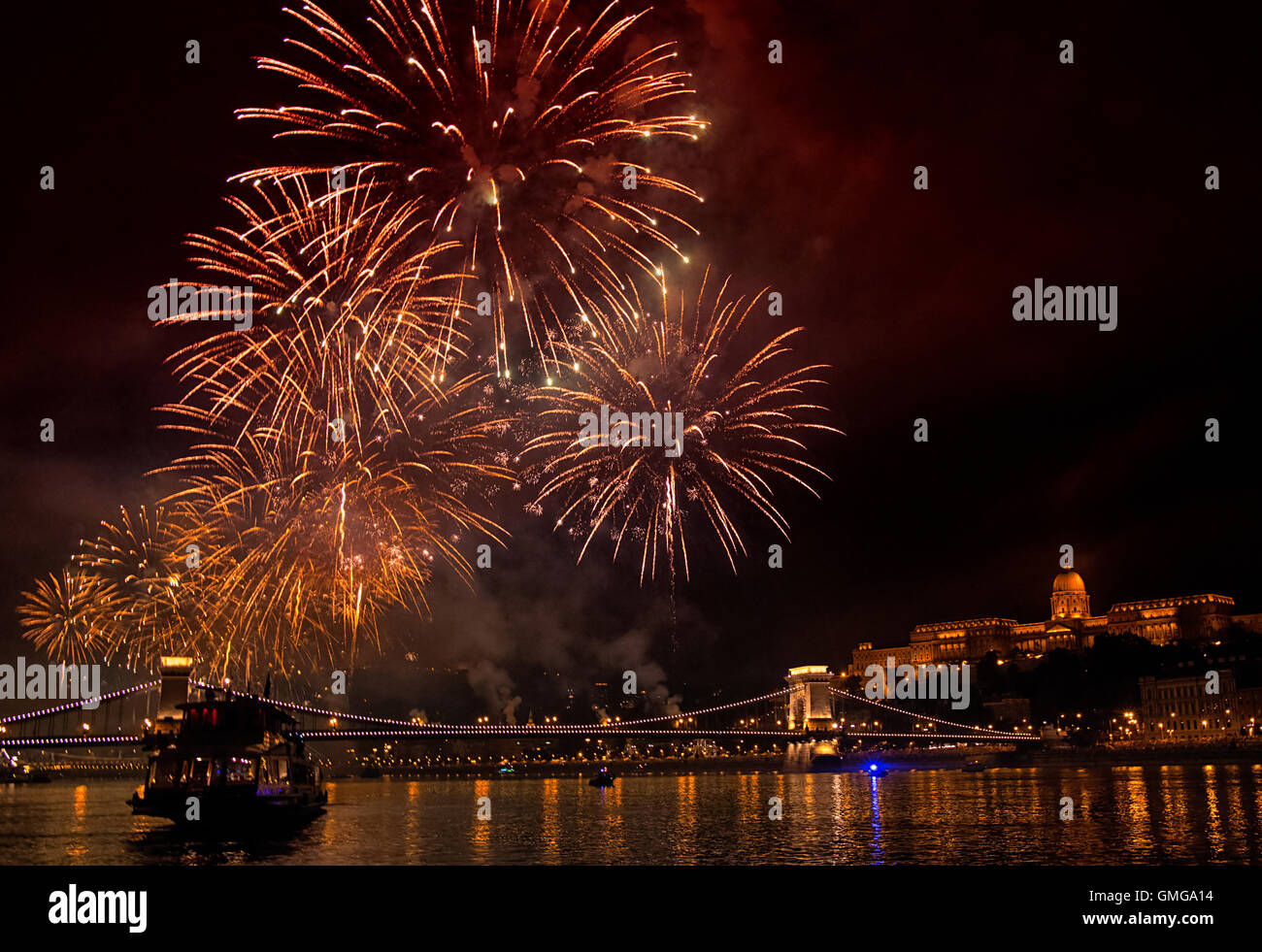 Firework display over the Danube and the Parliament on the celebration of Hungarian National Day on August 20th. Stock Photo