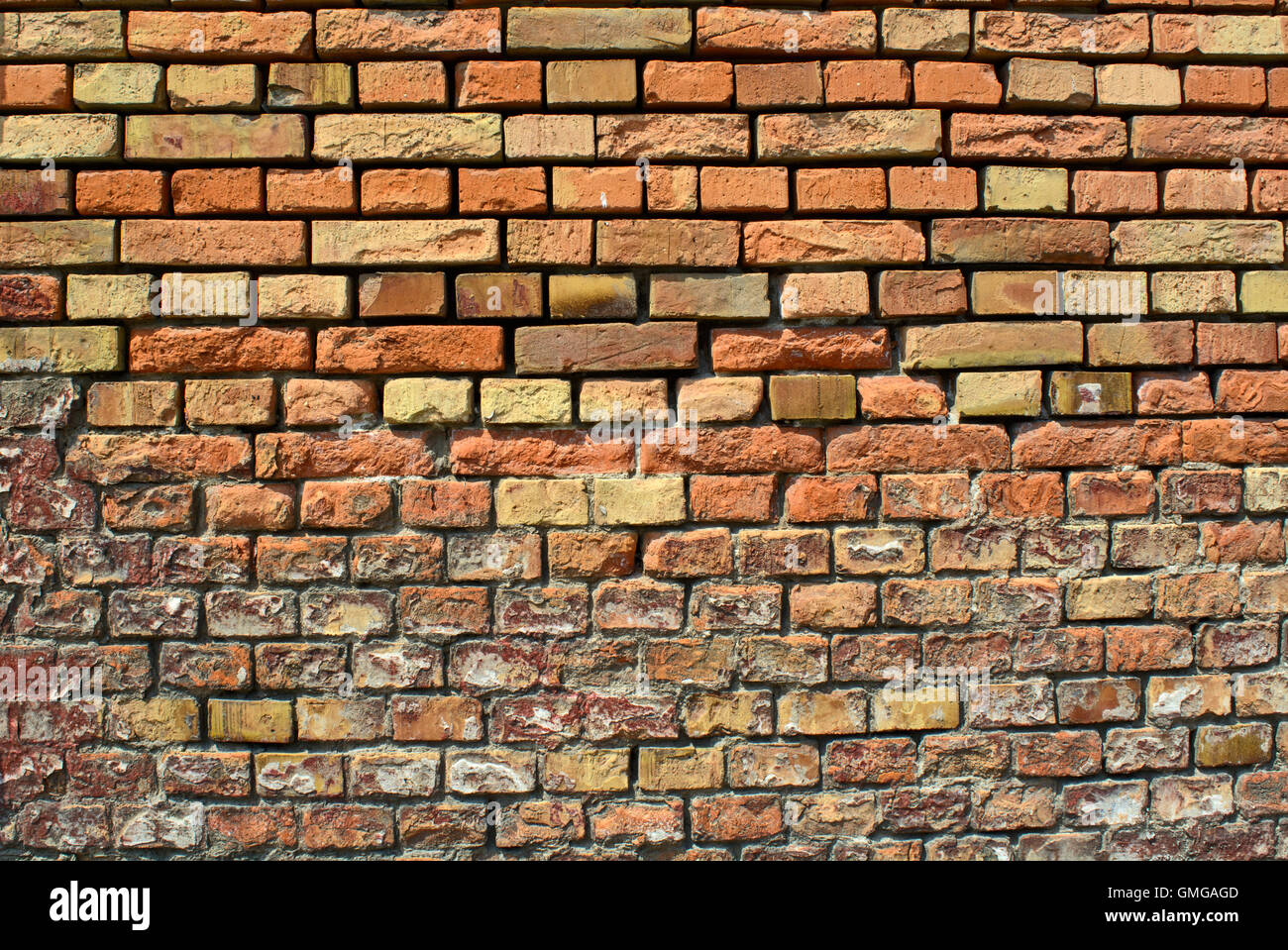 Home cracked old dilapidated brick wall. Stock Photo