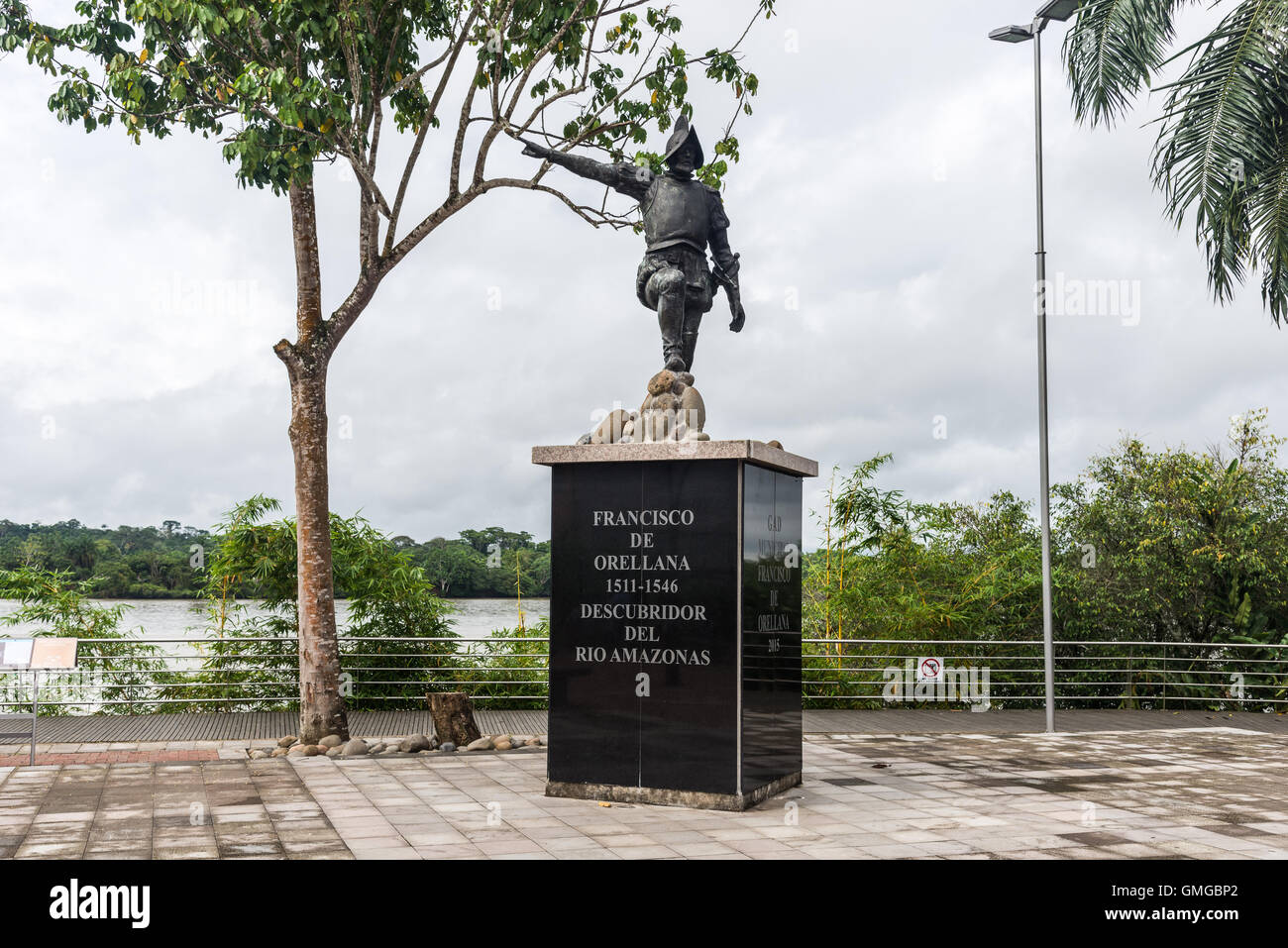 Bronze statue of Francisco de Orellana, the Spanish explorer, by Rio Napo. Coca, Ecuador. Stock Photo