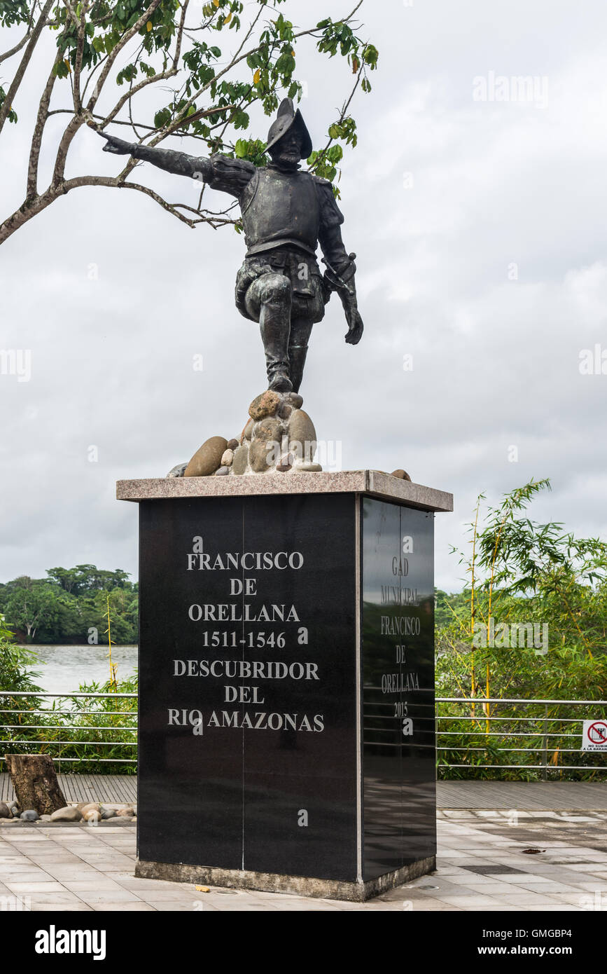 Bronze statue of Francisco de Orellana, the Spanish explorer, by Rio Napo. Coca, Ecuador. Stock Photo