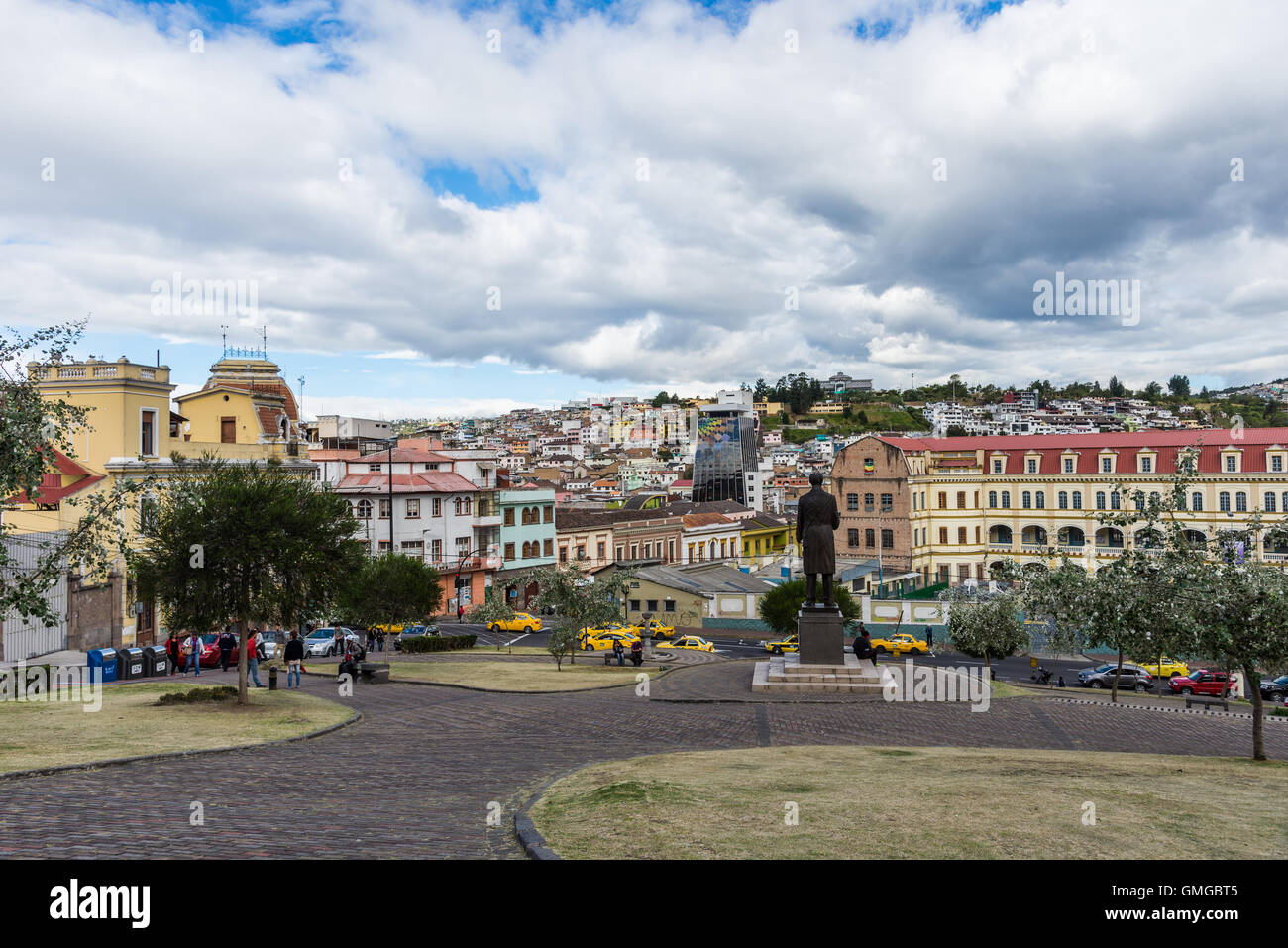 Colorful building at historic old city Quito, Ecuador. Stock Photo