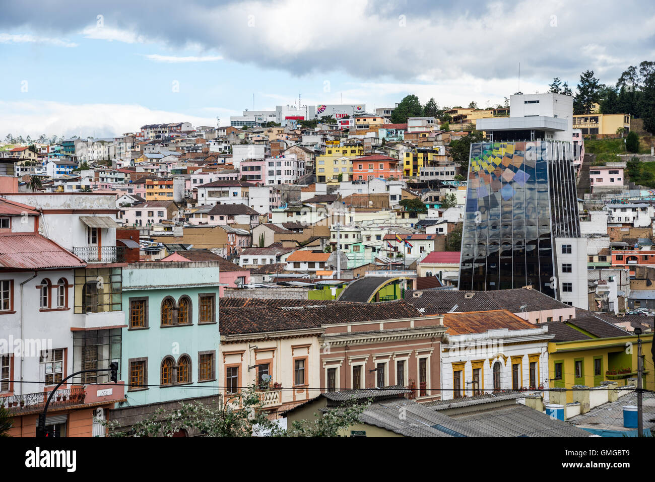 Colorful building at historic old city Quito, Ecuador. Stock Photo