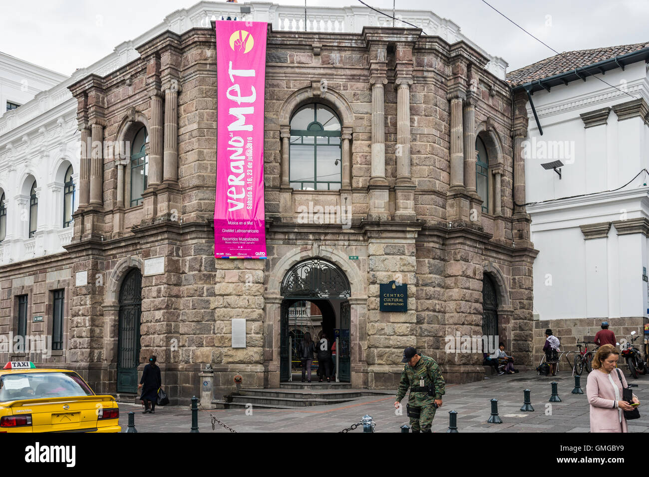 Old army post and jail turned into Cultural Center at the historical old city of Quito, Ecuador. Stock Photo