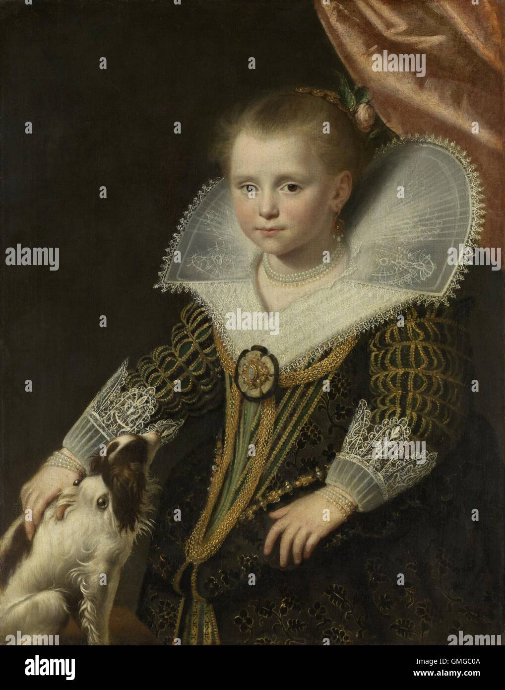 Portrait of a Girl, by Paulus Moreelse, c. 1623, Dutch painting, oil on canvas. The painting is also known as 'The Little Princess', because of her ornate costume and jewelry. Her right hand pets a dog whose collar has two large sized pearl like ornaments (BSLOC 2016 3 106) Stock Photo