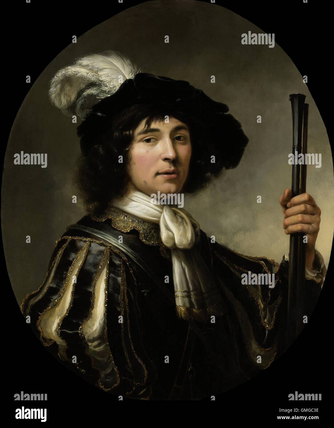 Portrait of a Young Man, by Aelbert Cuyp, 1640-60, Dutch painting, oil on panel. Gentleman wears a feathered beret, ornate jacket with embroidered slashed sleeves, and a jeweled collar. In his left hand he holds the barrel of a gun (BSLOC 2016 3 132) Stock Photo