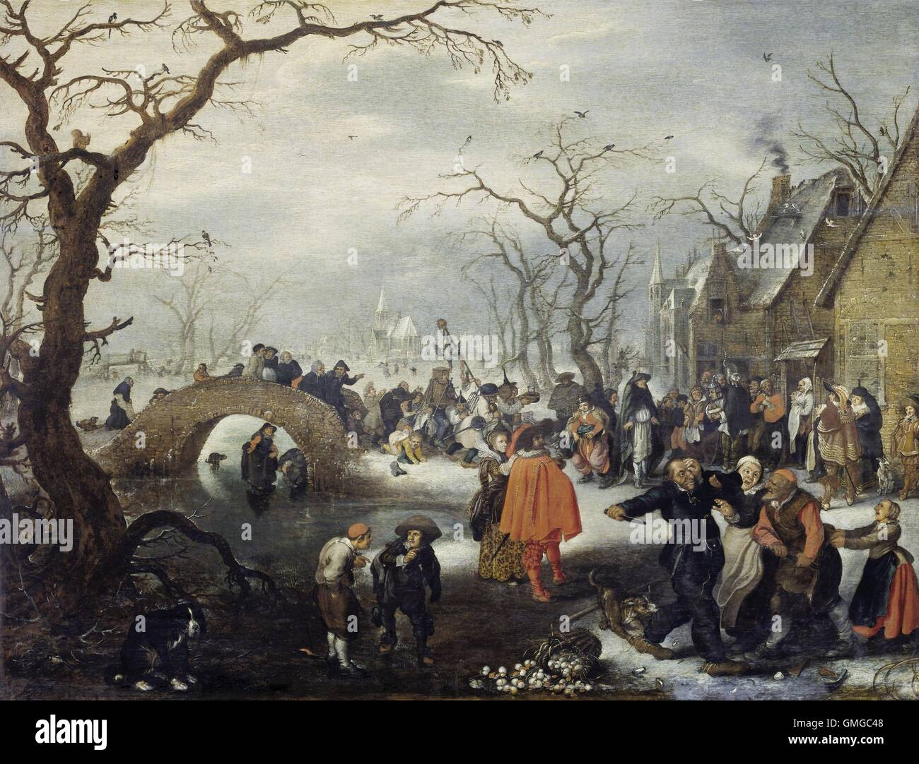 Shrove Tuesday in the Country, by Adriaen van de Venne, 1625 Dutch painting, oil on panel. Peasants at a tavern on Shrove Tuesday, the day preceding Ash Wednesday, the first day of Lent. A procession of absurdly costumed people cross a stone bridge. In the foreground two peasants have a knife fight (BSLOC 2016 3 139) Stock Photo