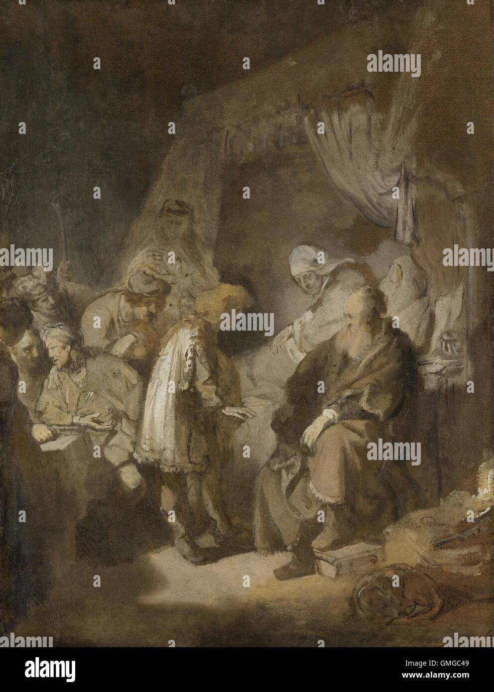 Joseph Telling his Dreams to his Parents and Brothers, by Rembrandt, 1633, Dutch oil painting. As his mother Rachel watches, Joseph speaks to his father Jacob. In left, his brothers talk among themselves (BSLOC 2016 3 14) Stock Photo