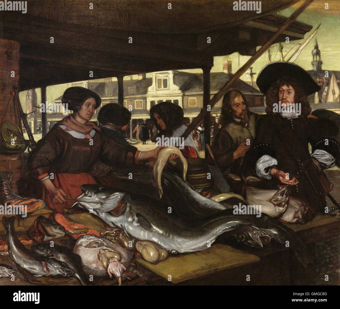 New Fish Market in Amsterdam, by Emanuel de Witte, 1655-92, Dutch painting, oil on canvas. Women vendors in a stall sell an abundant variety of types and sizes (BSLOC 2016 3 182) Stock Photo