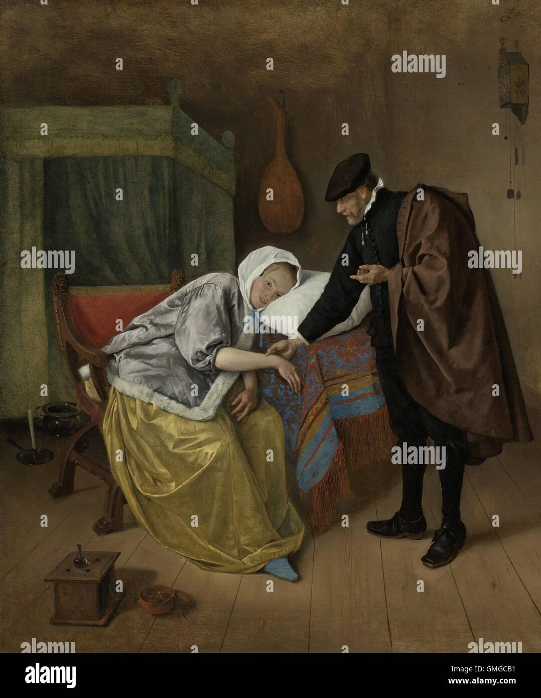 The Sick Woman, by Jan Steen, c. 1663-66, Dutch painting, oil on canvas. The doctor is a 'Quack', who has placed a bit of the patient's blue fabric in a brazier to make his diagnosis. The charlatan's old-fashioned attire characterizes him as a comic character (BSLOC 2016 3 201) Stock Photo