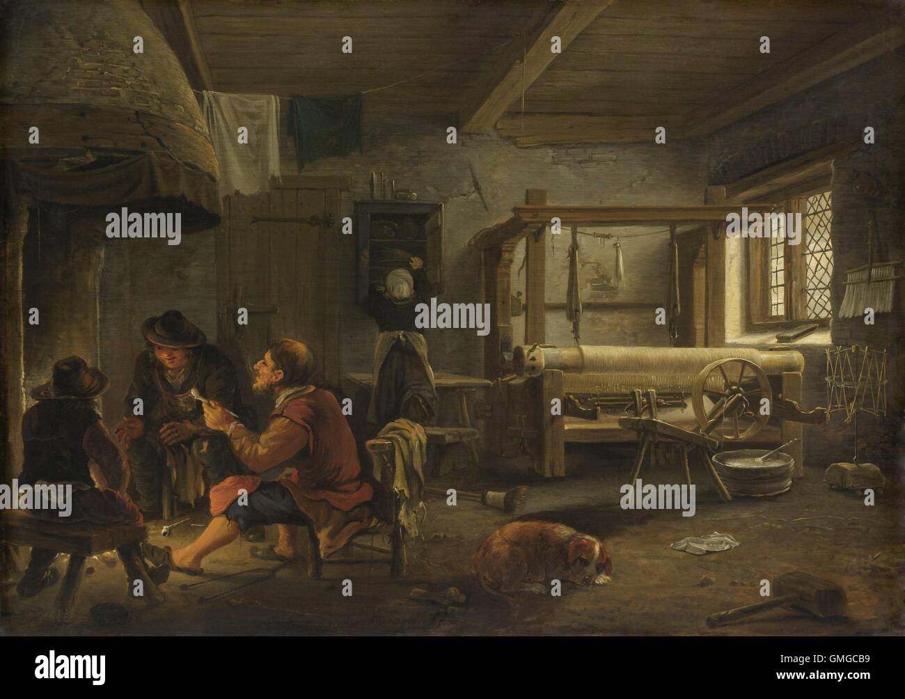 A Weaver's Workshop, by Johannes van Oudenrogge, 1652, Dutch painting, oil on panel. Interior of a weaving shop, with three men Stock Photo
