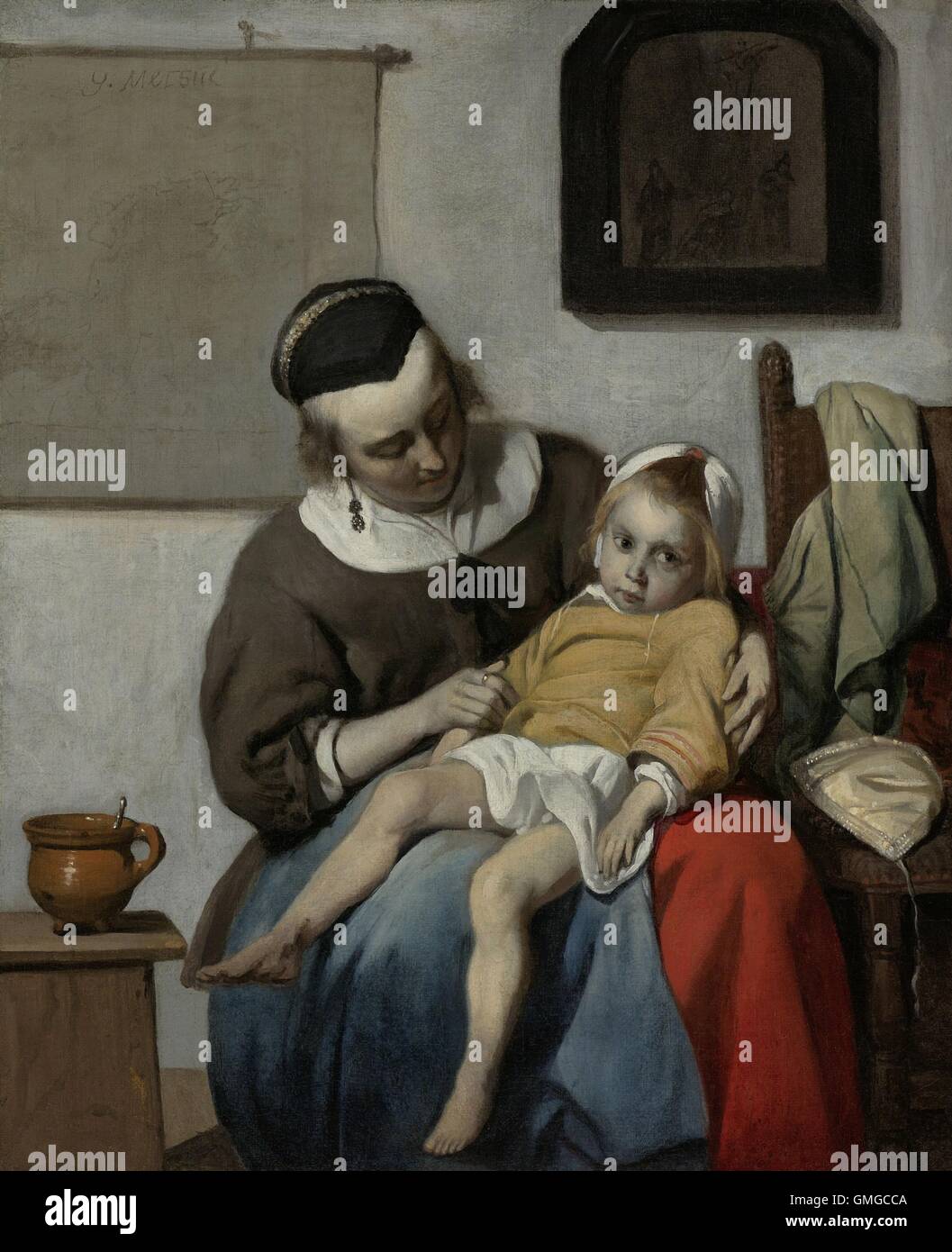 The Sick Child, by Gabriel Metsu, 1664-66, Dutch painting, oil on canvas. A mother sits with a child in her lap. The figures' pose is reminiscent of a pieta, a representation of the Virgin Mary holding her son’s dead body in her lap. On the wall hangs a map and a painting of a crucifixion (BSLOC 2016 3 234) Stock Photo