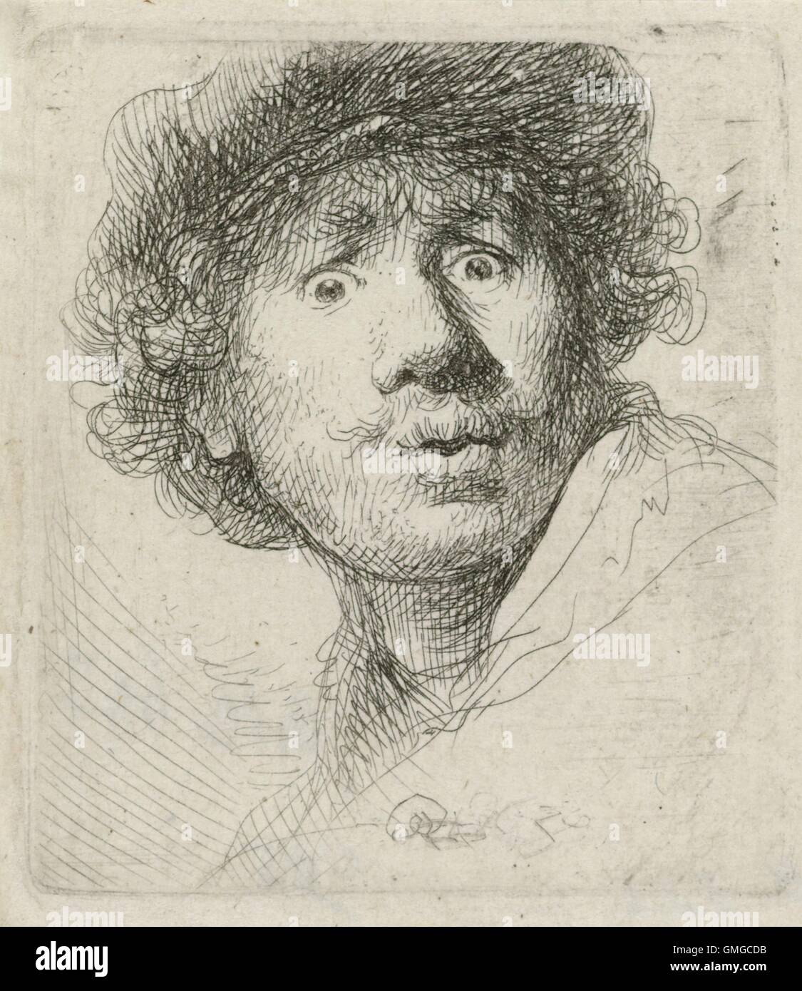 Self-Portrait with Beret, by Rembrandt van Rijn, 1630, Dutch print, etching on paper. Rembrandt was 24 when he created this etching (BSLOC 2016 3 25) Stock Photo