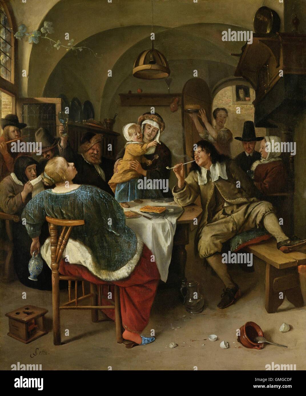 Family Scene, Jan Steen, 1660-79, oil on panel, Dutch painting, oil on panel. Family singing and dancing around a table with raised glass, food, ...