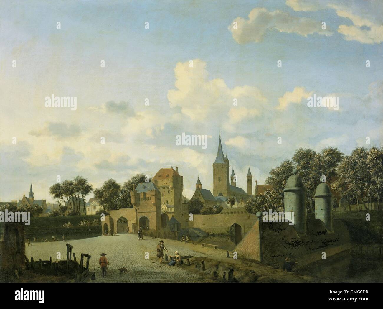 St. Severin in Cologne Set in an Imaginary Cityscape, by Jan van der Heyden/Adriaen van de Velde,1660-72. Dutch painting, oil on panel. St. Severin's distinctive towers as based on reality, but much of the painting in from the artist's imagination (BSLOC 2016 3 257) Stock Photo