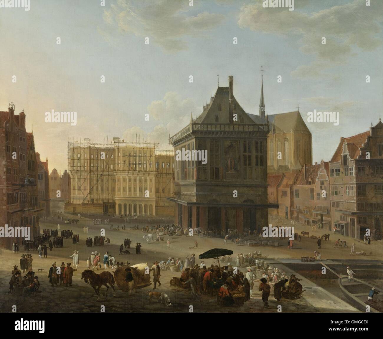 The Dam in Amsterdam, and New Town Hall Under Construction, attrib. to Jacob van der Ulft, 1652-89. Dutch painting, oil on canvas. In Center is the public 'Waag' or Weighing Building that measured the weight of goods to levy taxes (BSLOC 2016 3 260) Stock Photo