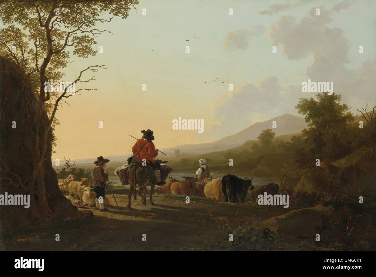 Landscape with Cattle Driver and Shepherd, by Jacob van Strij, 1780-85, Dutch painting, oil on panel. Italian landscape with a drover on a mule with his wife and a herd of cows. On left is a shepherd boy with a bunch of sheep (BSLOC 2016 3 299) Stock Photo