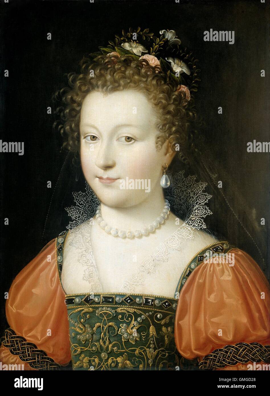 Portrait of a Woman, by Anonymous, 1550-74, Netherlandish painting, oil on panel. Young woman with flowers in her hair, pearl jewelry, and embroidered corset bodice (BSLOC 2016 3 78) Stock Photo