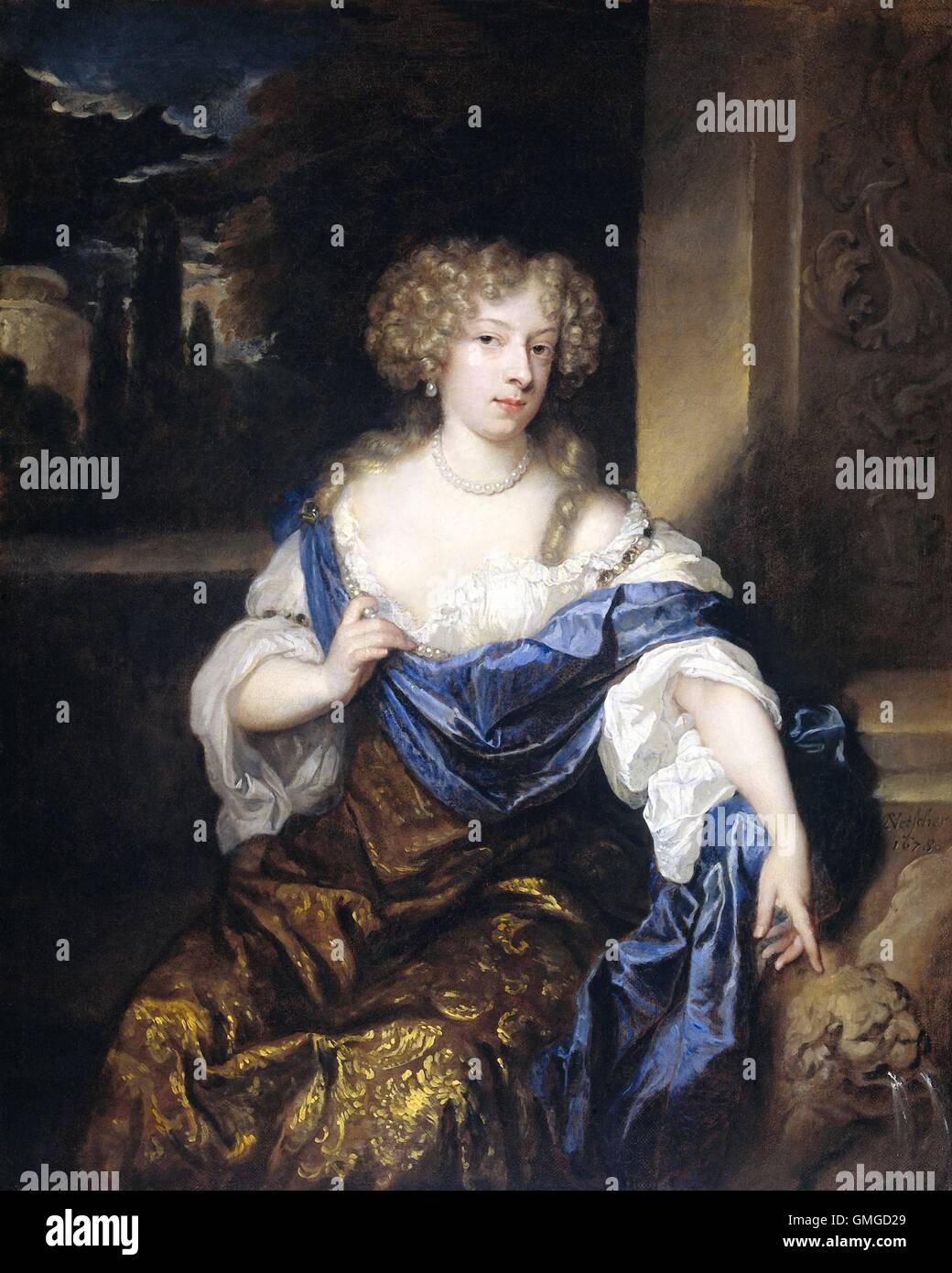 Helena Catharina de Witte, the Wife of Iman Mogge, by Caspar Netscher, 1678, Dutch oil painting. She point to a fountain in the Stock Photo