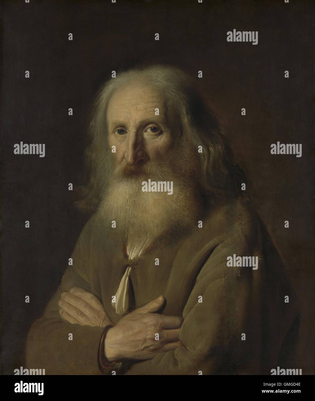 Portrait of an Old Man, by Simon Kick, 1639, Dutch painting, oil on panel. Elderly old man with a white beard and long gray hair with arms folded on his chest (BSLOC 2016 3 90) Stock Photo