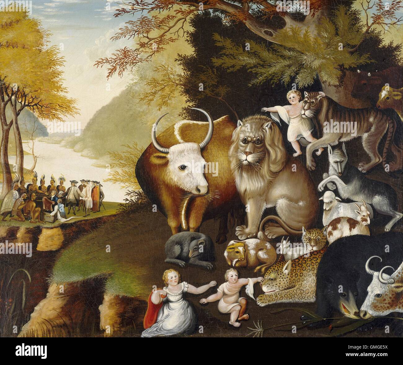 Peaceable Kingdom, by Edward Hicks, c. 1834, American painting, oil on canvas. Hicks painted 62 versions of this work, featuring animals, predator and prey, at peace and eating straw. The scene is based on Chapter 11.6 of Isaiah, 'wolf also shall dwell wi (BSLOC 2016 5 32) Stock Photo