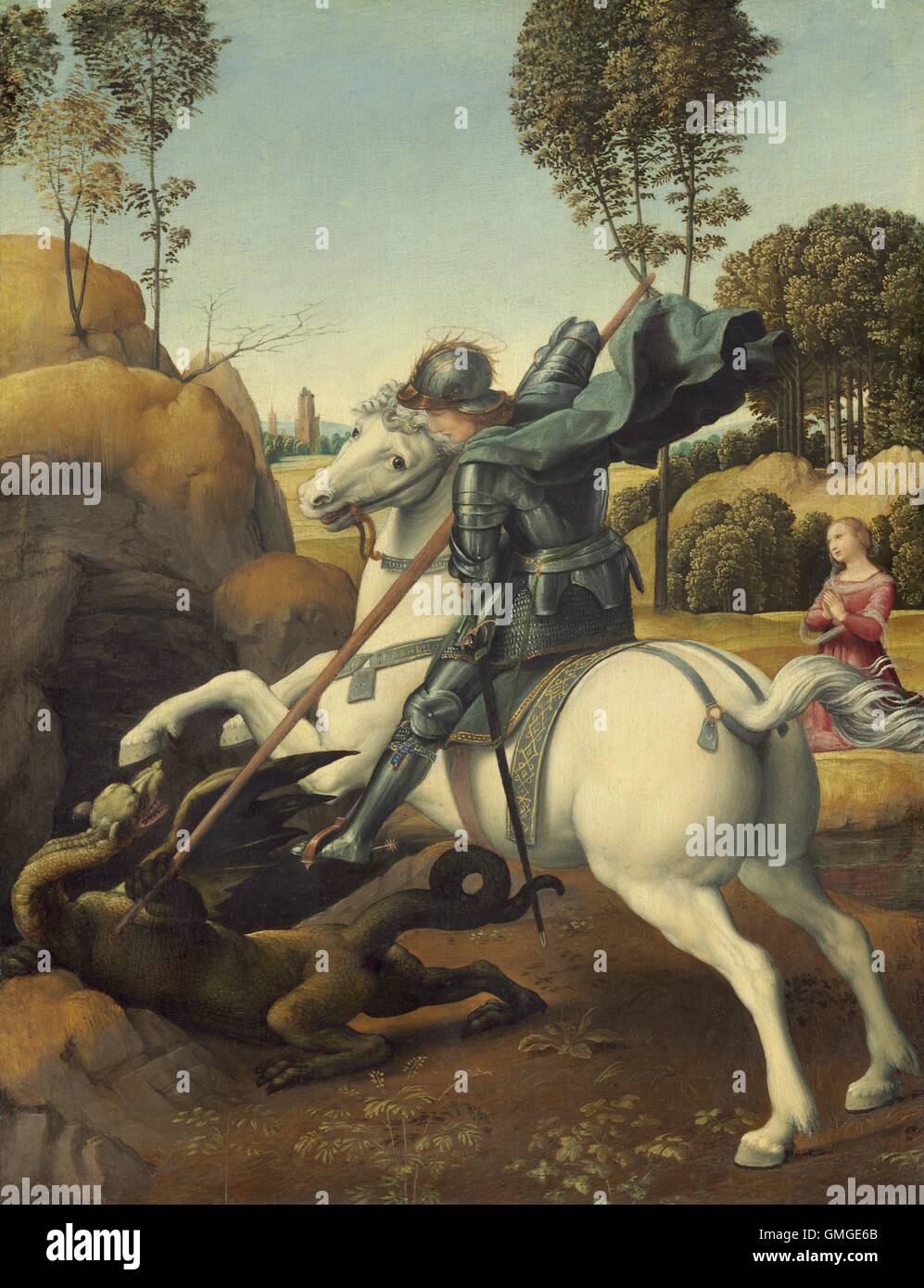 Saint George and the Dragon, by Raphael, c. 1506, Italian Renaissance painting, oil on panel. George was patron saint of England. Raphael was commissioned to create this as a gift for the envoy of the Tudor King Henry VII (BSLOC 2016 5 4) Stock Photo