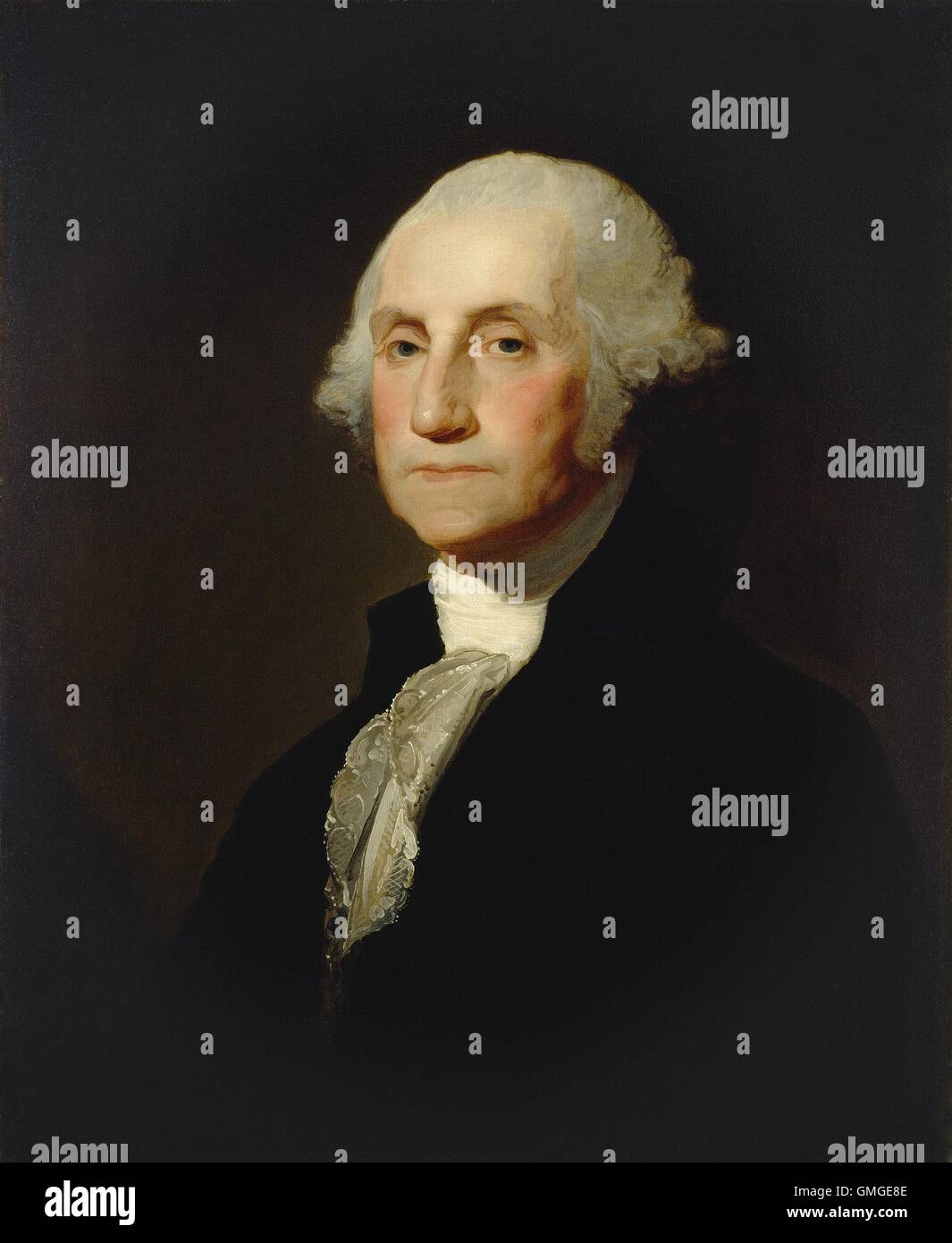 George Washington, by Gilbert Stuart, c. 1803-05, American painting, oil on canvas. In 1796 Washington sat for Stuart who created the famous, but never finished 'Athenaeum' portrait. From that work, he sold up to 70 of his reproductions, such as this one, (BSLOC_2016_5_62) Stock Photo